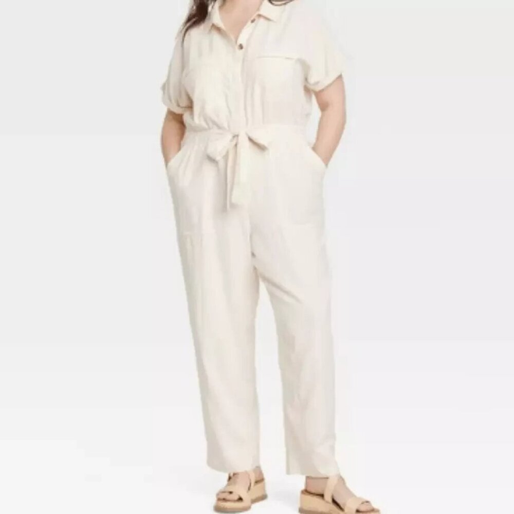 Universal Thread Cream Tie-Waist Utility Jumpsuit